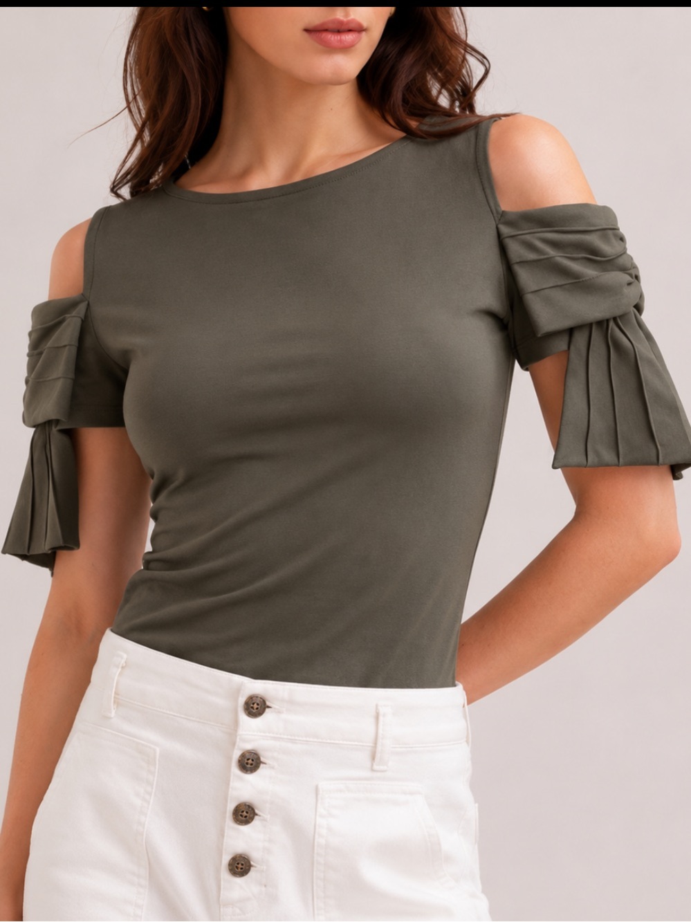 NWT Anne Fontaine Myrttle Jersey Cotton Cold Shoulder Top -Olive Green. Size 40